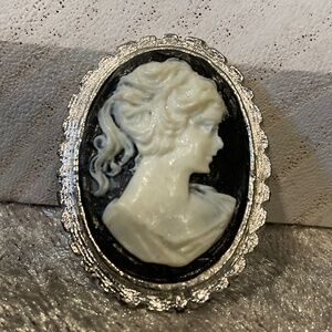 Vintage Silver, White and Black Victorian Lady Cameo Brooch